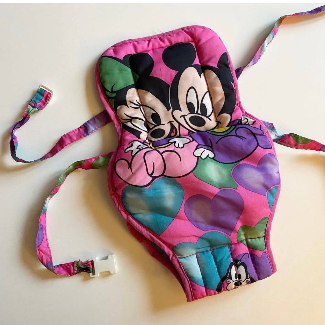 Vintage rare Minnie Mouse toy baby carrier - tie fastening instead of plug! It does has a small stain on the front as shown
