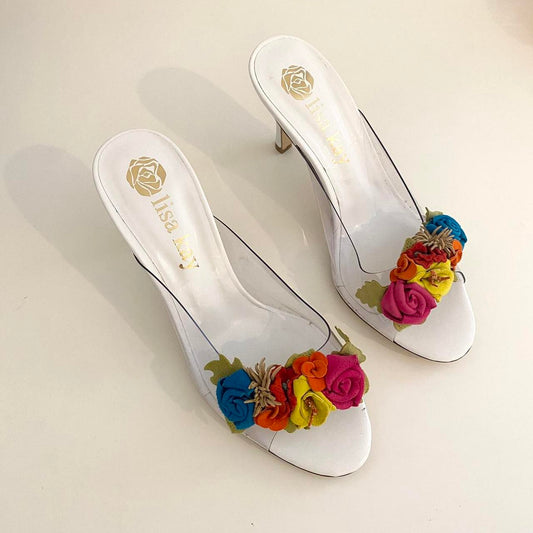 Vintage Perspex heels with suede flowers 
Size 3