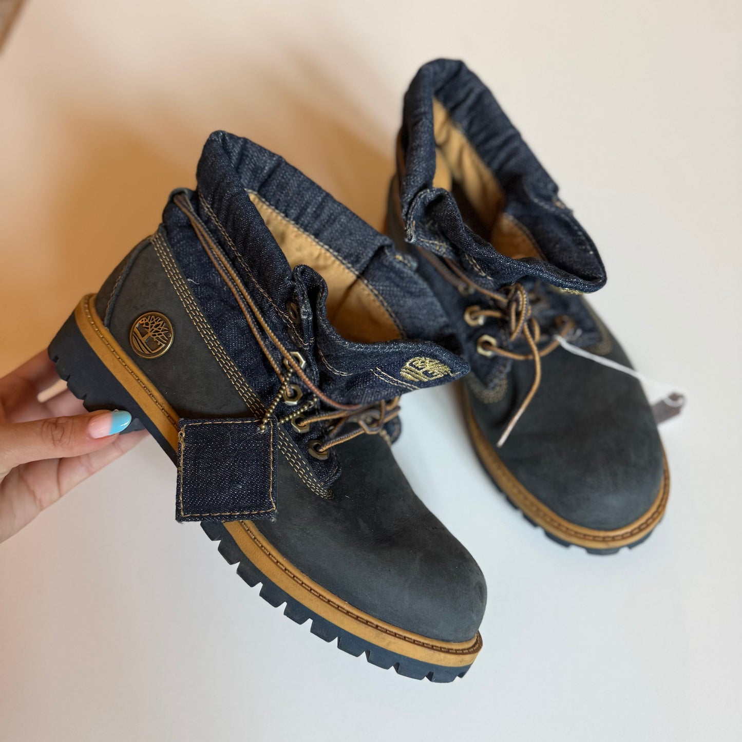 Navy blue denim timberland boots. Size 3.5