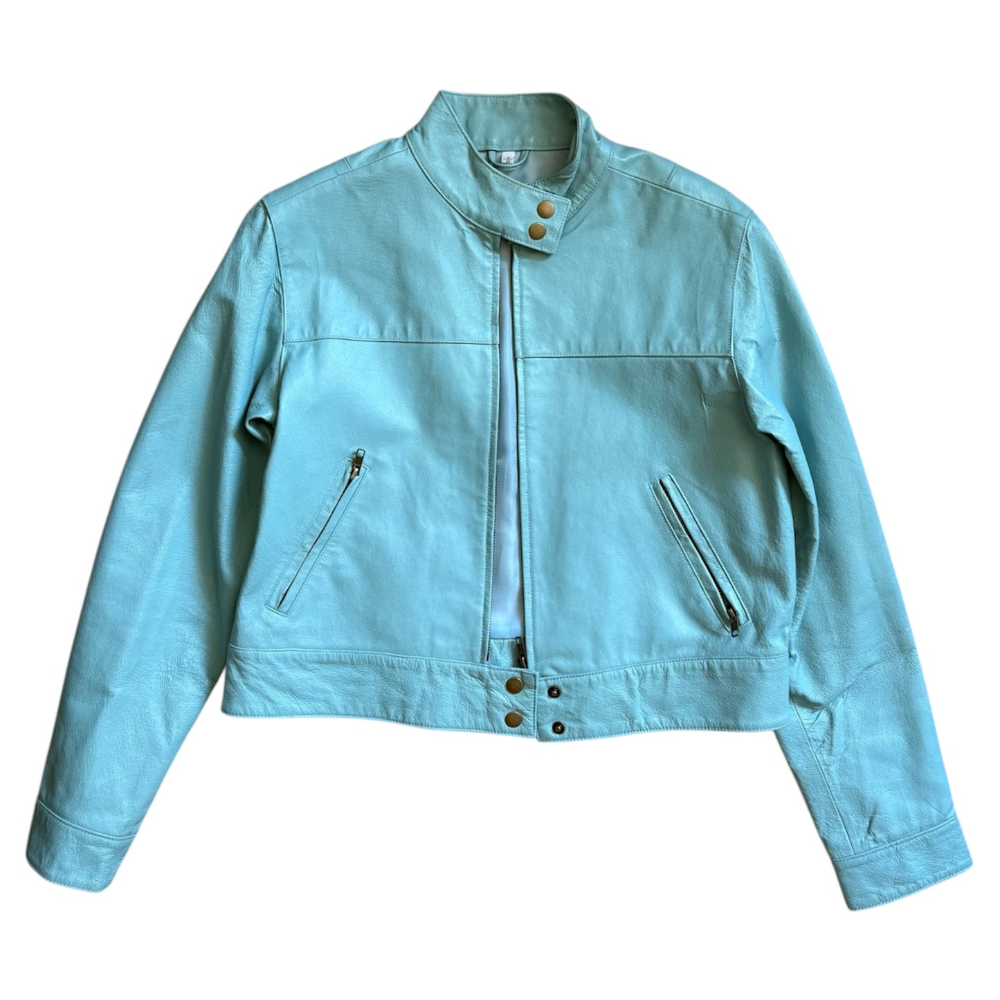 Vintage genuine leather baby blue biker jacket. Size 8-10 small