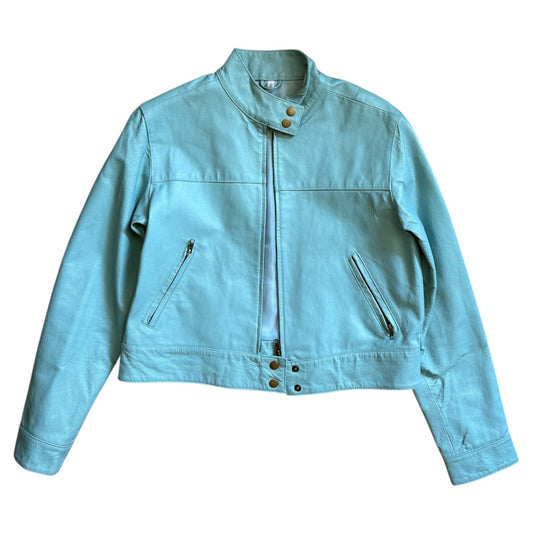 Vintage genuine leather baby blue biker jacket. Size 8-10 small