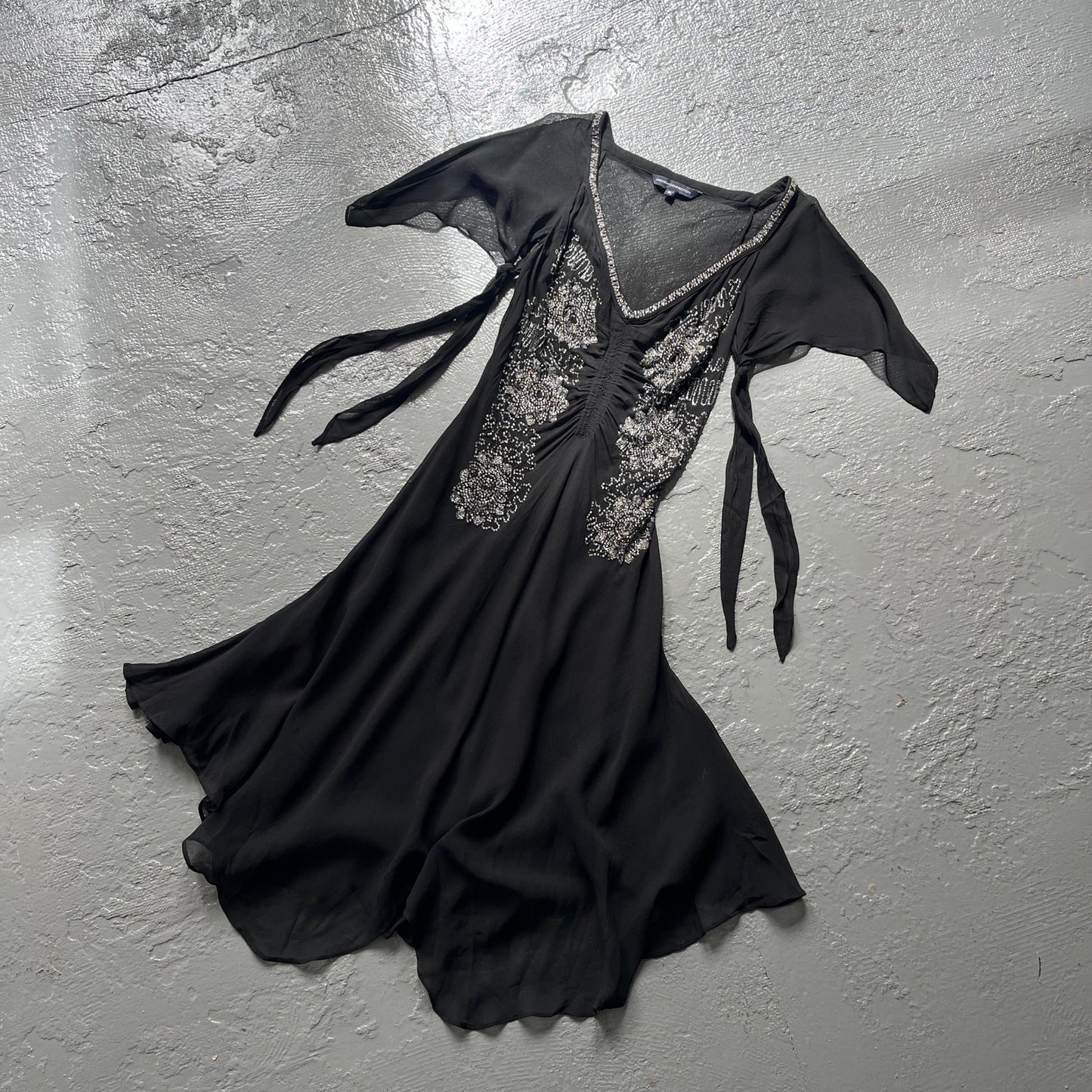 Vintage french connection beaded floaty fairy mid length dress. Size 10.