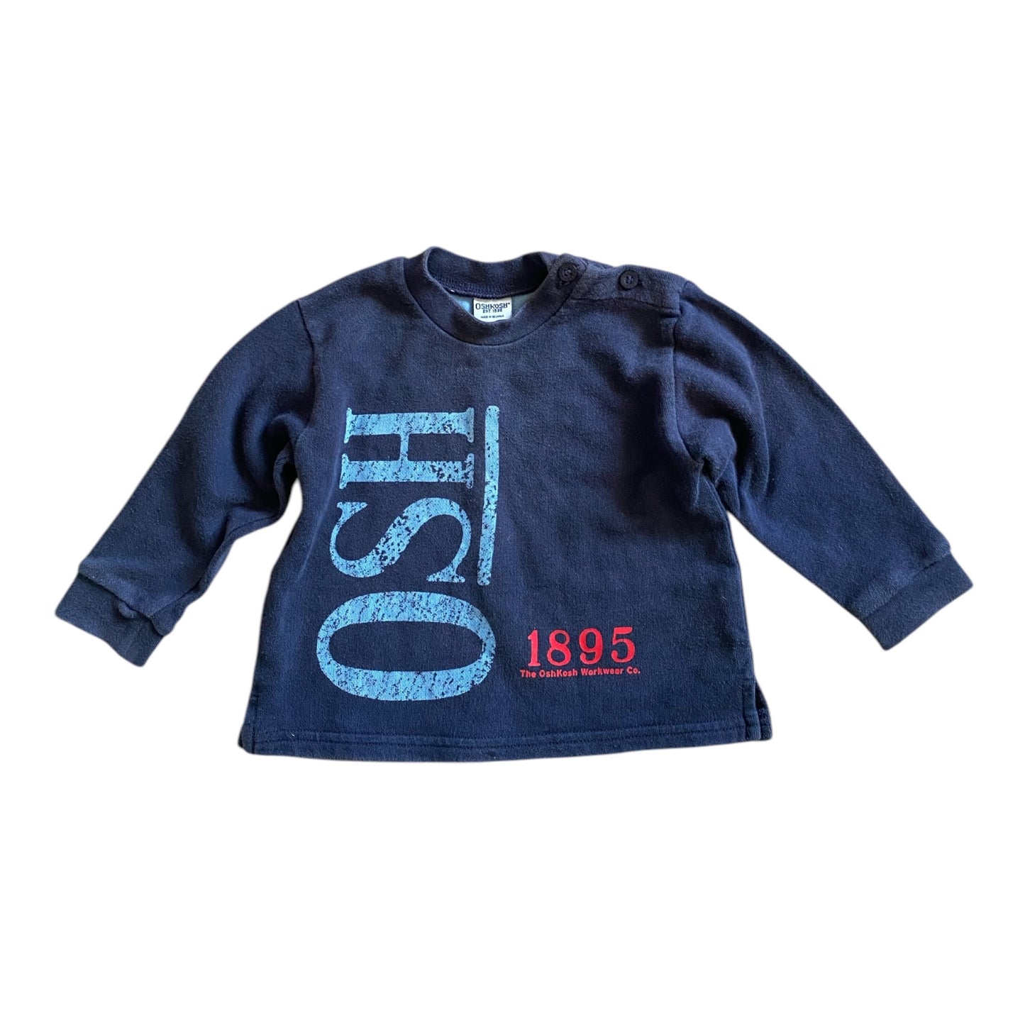 Vintage Oshkosh navy blue spellout sweatshirt. Size 6-12 months