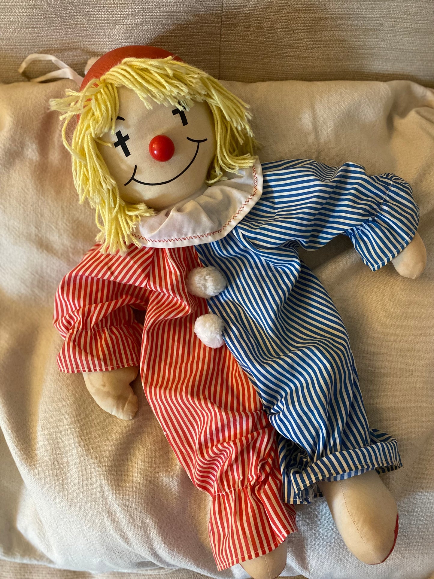 Vintage striped clown soft toy/ teddy