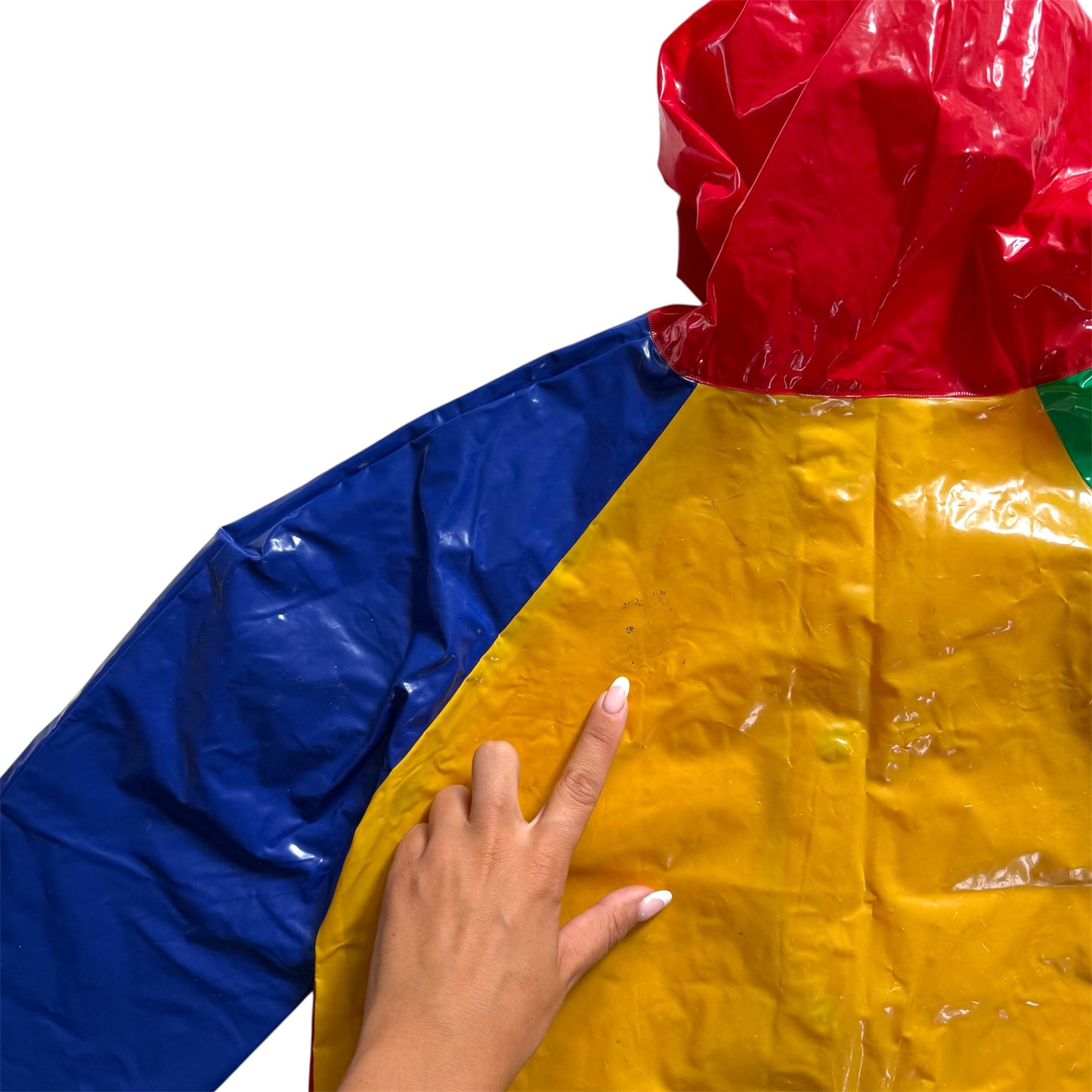 Vintage colourblock raincoat/ waterproof coat. See marks as shown. ( small hole under one armpit not noticeable on) Age 3-4 years