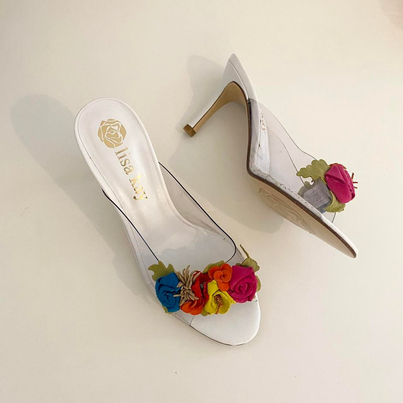 Vintage Perspex heels with suede flowers 
Size 3