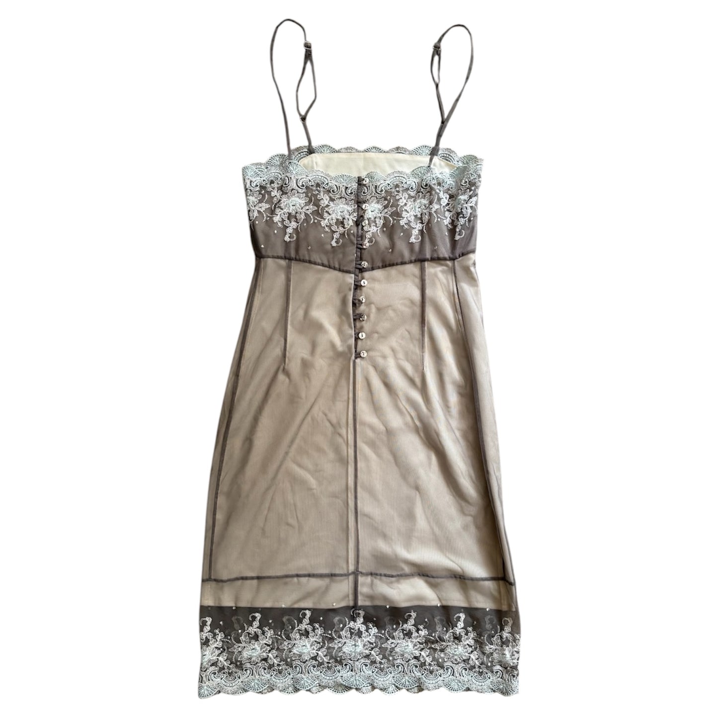 Vintage Lisa Johnson  mid length lace dress ingrey silver. Size 10