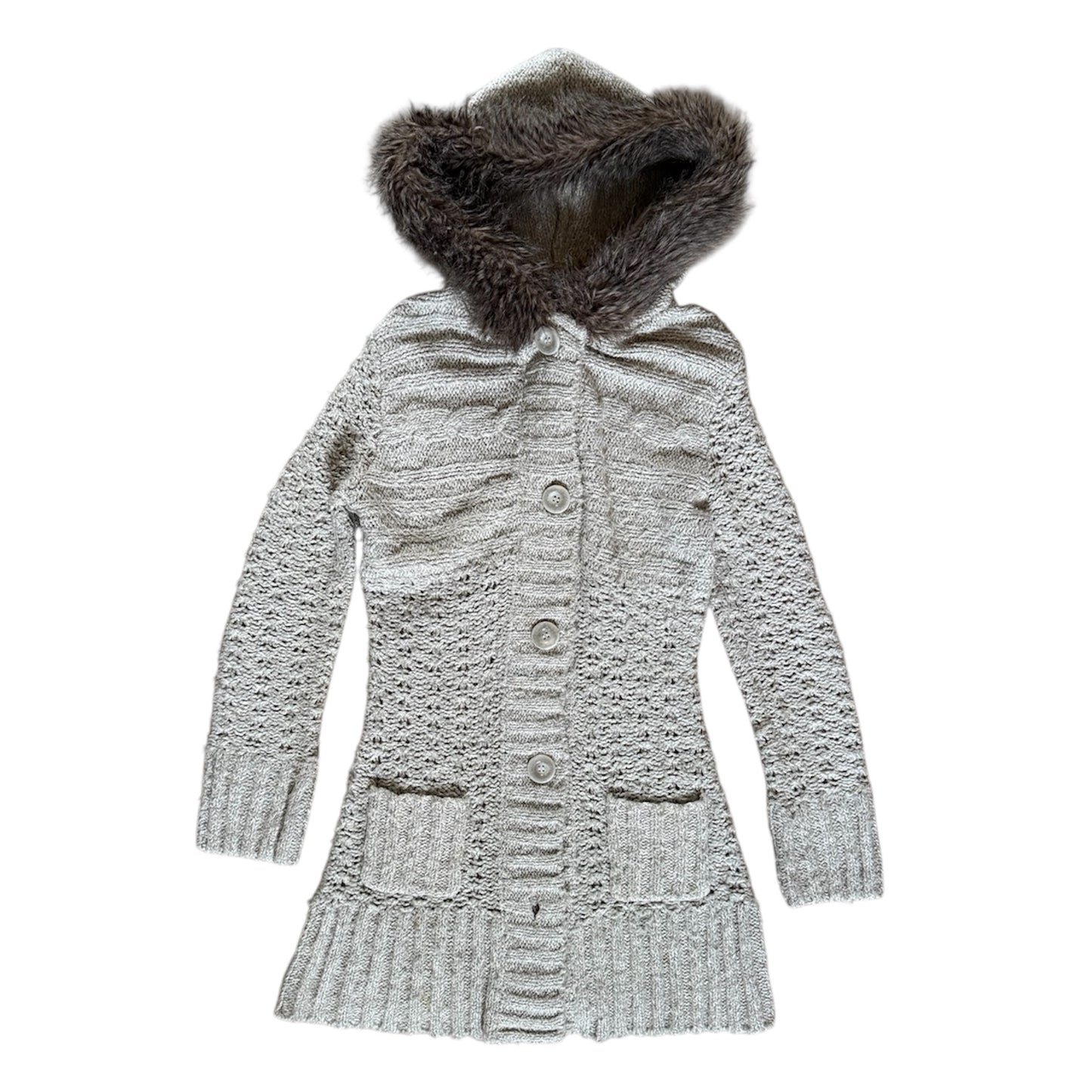 Vintage Y2K cream mid length cardigan jacket with fur hood. Size 10