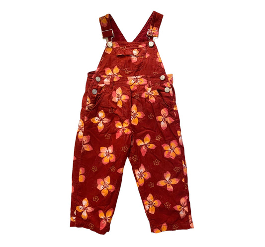 Fuchsia pink hibiscus print vintage corduroy dungarees age 18m- 2 years