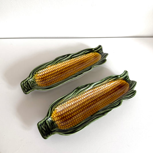 Set of two vintage corn on the cob ceramic dishes