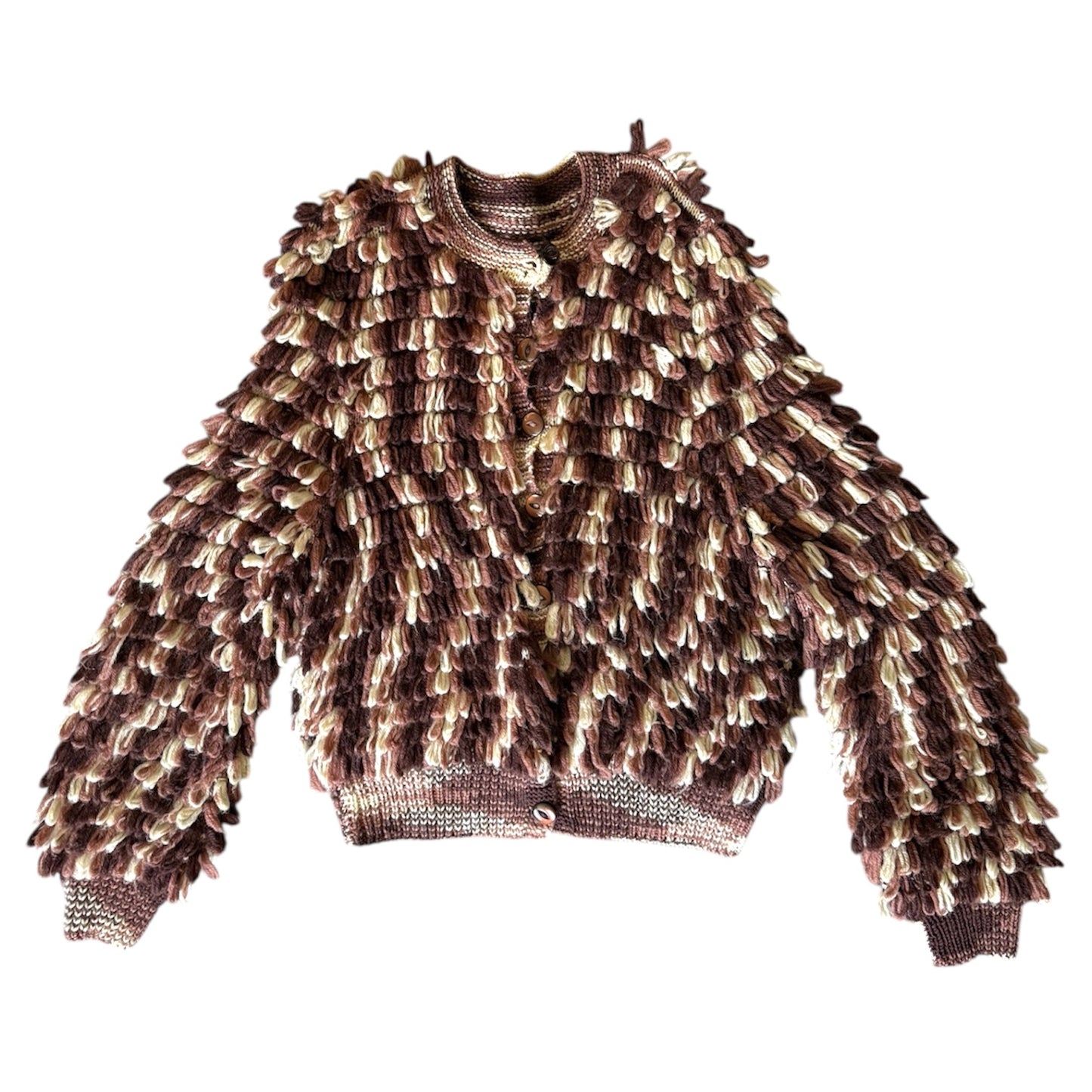 Vintage shaggy brown knitted cardigan. Size 8-10 size small.