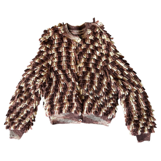 Vintage shaggy brown knitted cardigan. Size 8-10 size small.