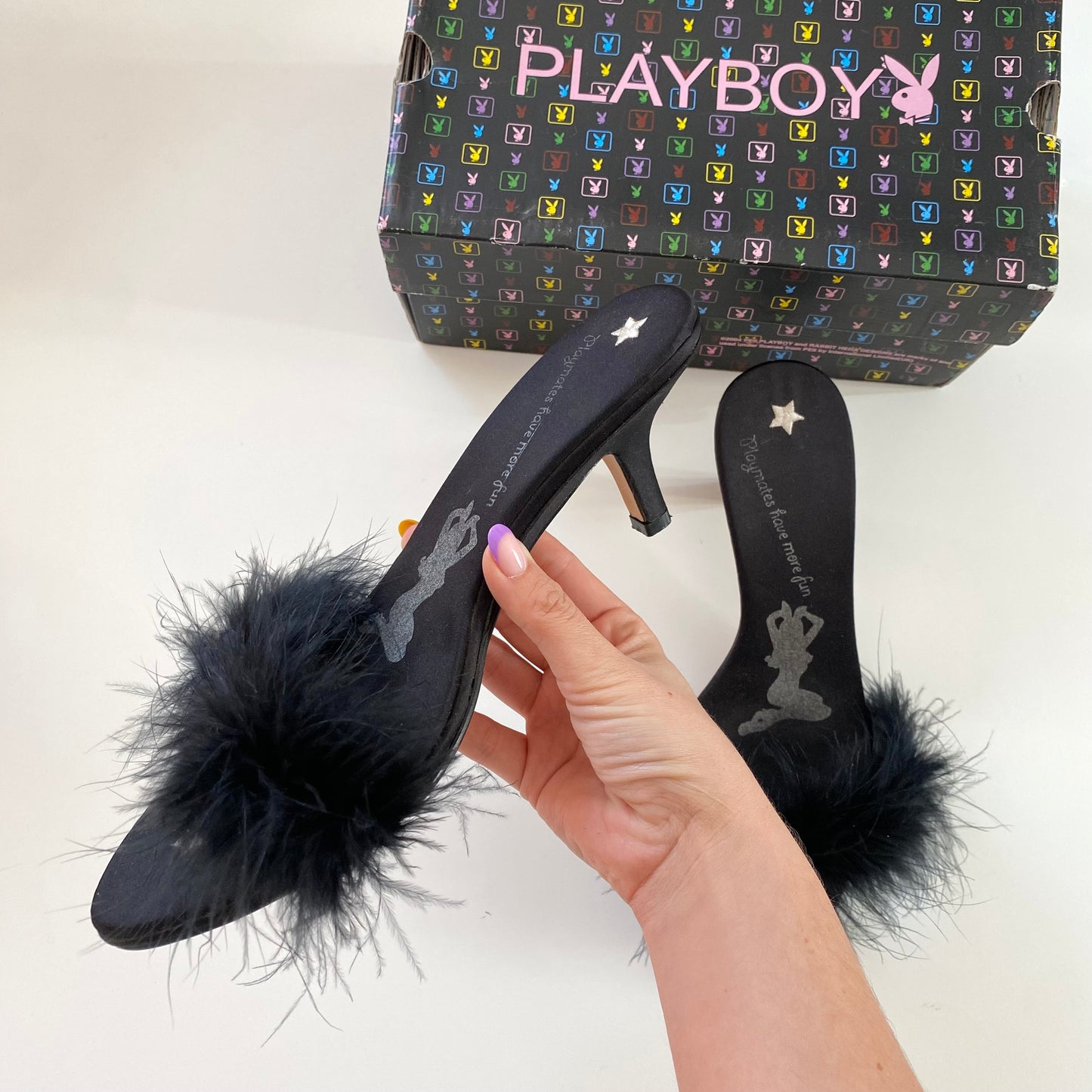Vintage Y2K playboy black fluffy kitten heels. Size 41 / UK 7.5