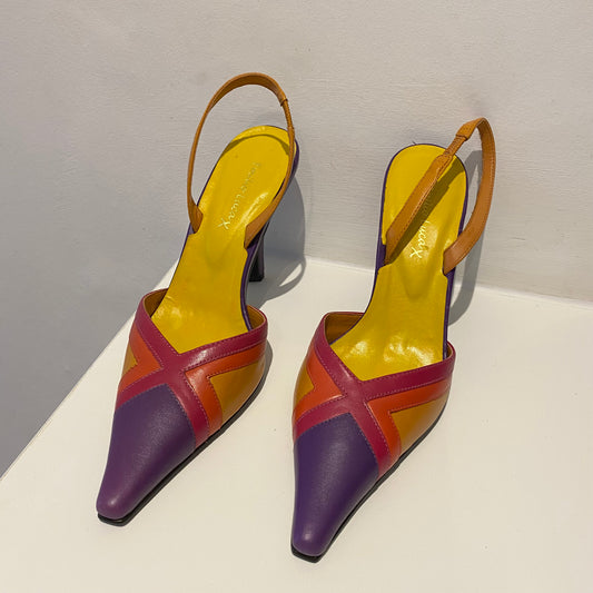 rare bright & vibrant pointed strappy heels ~ purple pink/orange SIZE3