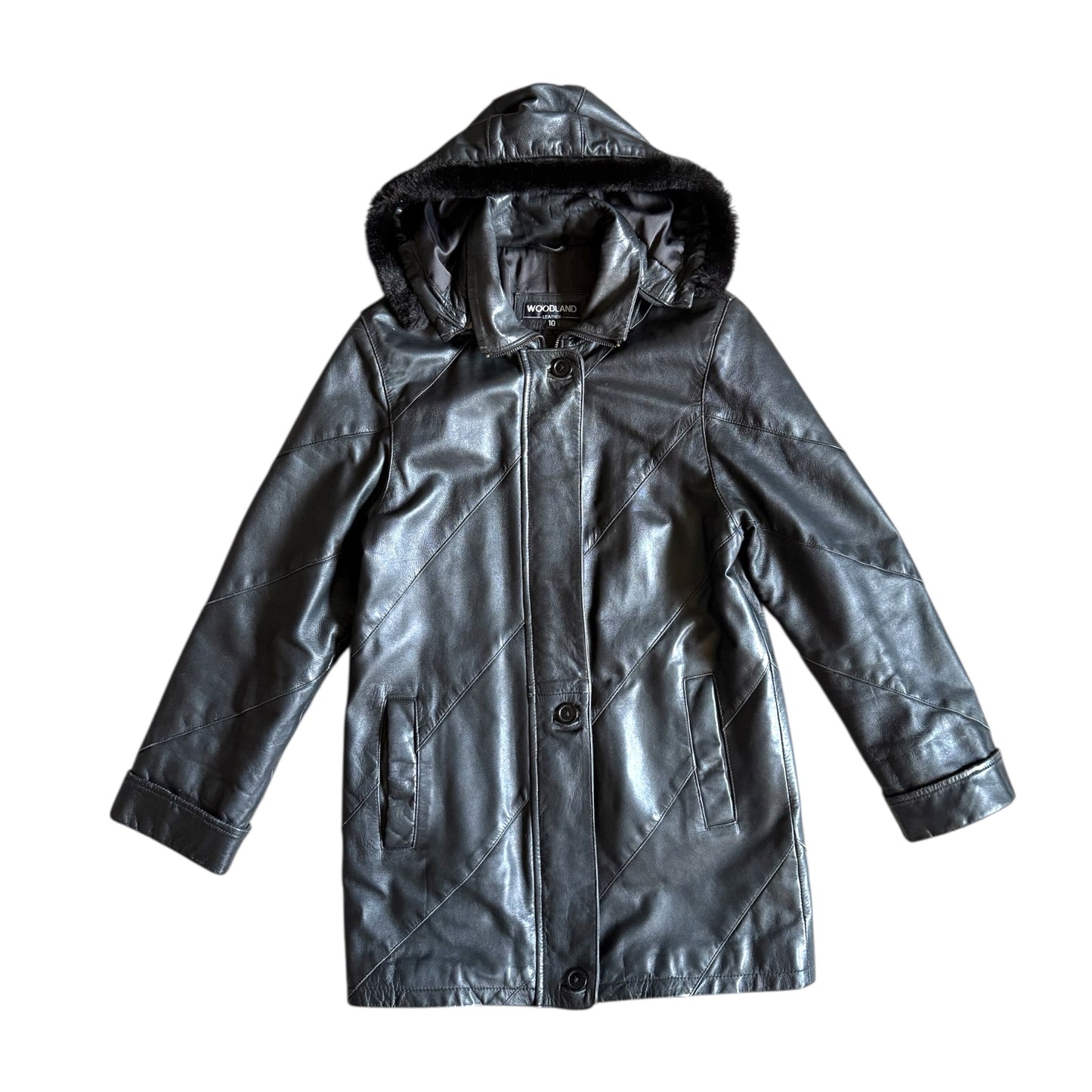 Vintage genuine woodland leather hooded coat jacket. Size 10.