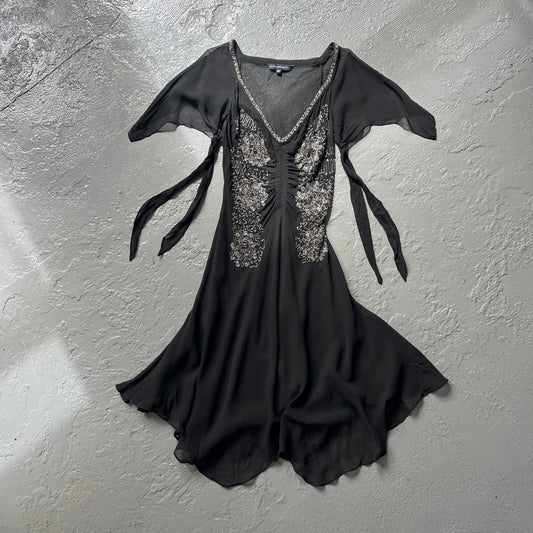 Vintage french connection beaded floaty fairy mid length dress. Size 10.