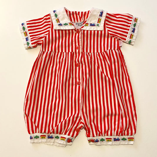 Vintage blooming kids red striped romper. Size 12 months