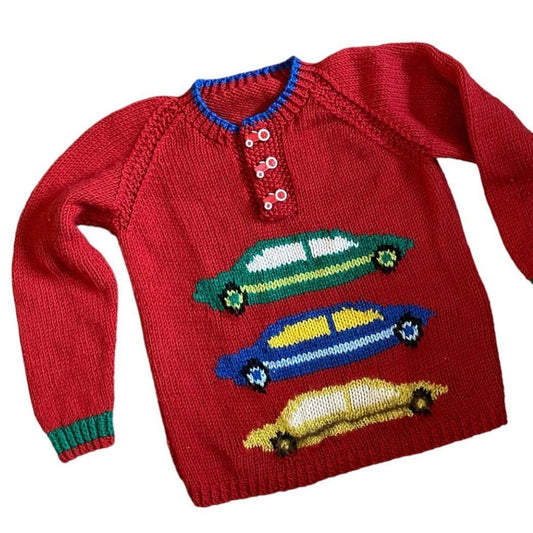 Car print knitted jumper with cute tractor buttons age 18 months