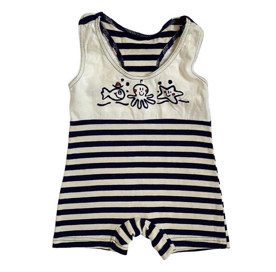 Vintage striped ‘bright futures’ swim/ beach romper 6-12 months