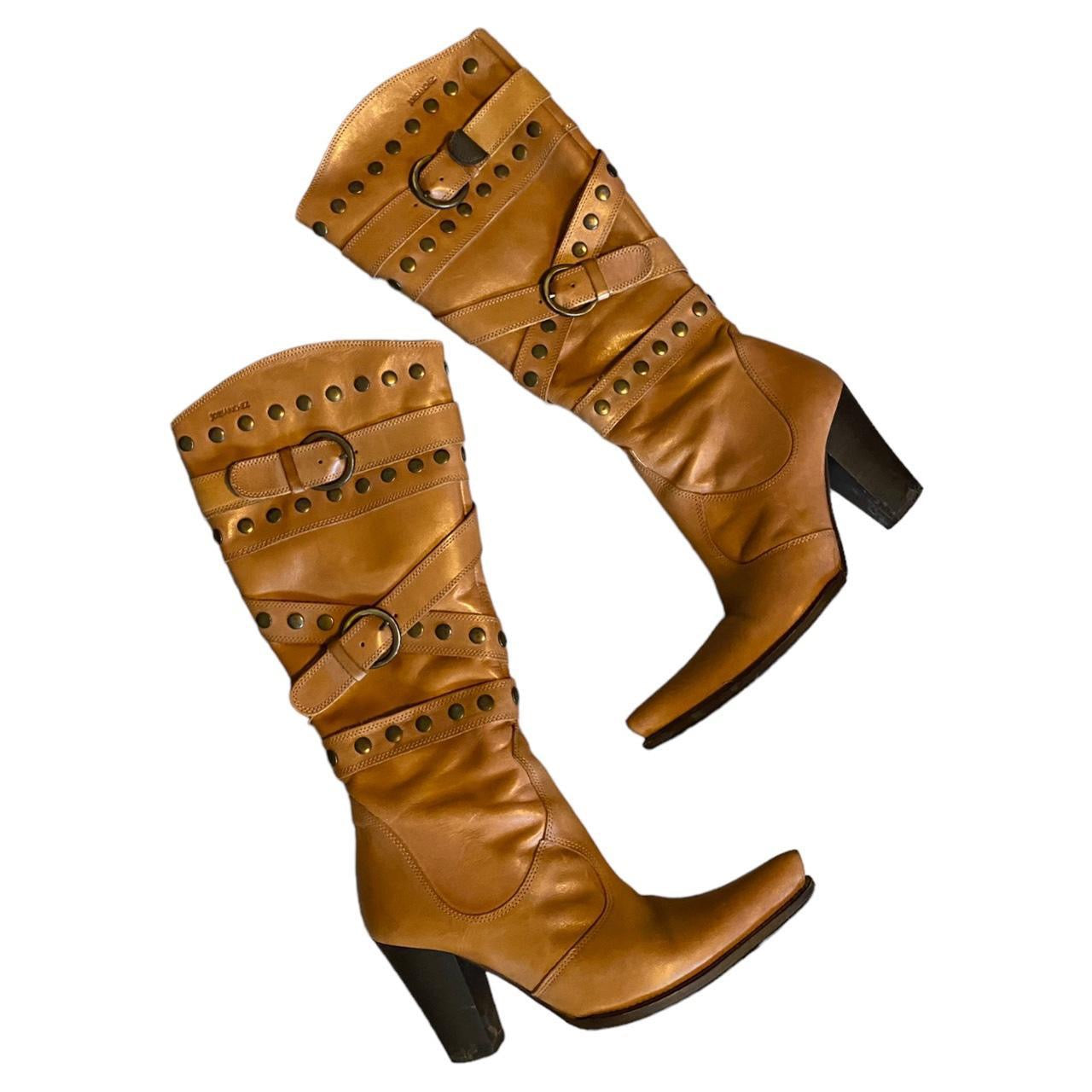 Tan leather mid length Joe Sanchez pointed heeled cowboy boots size 5