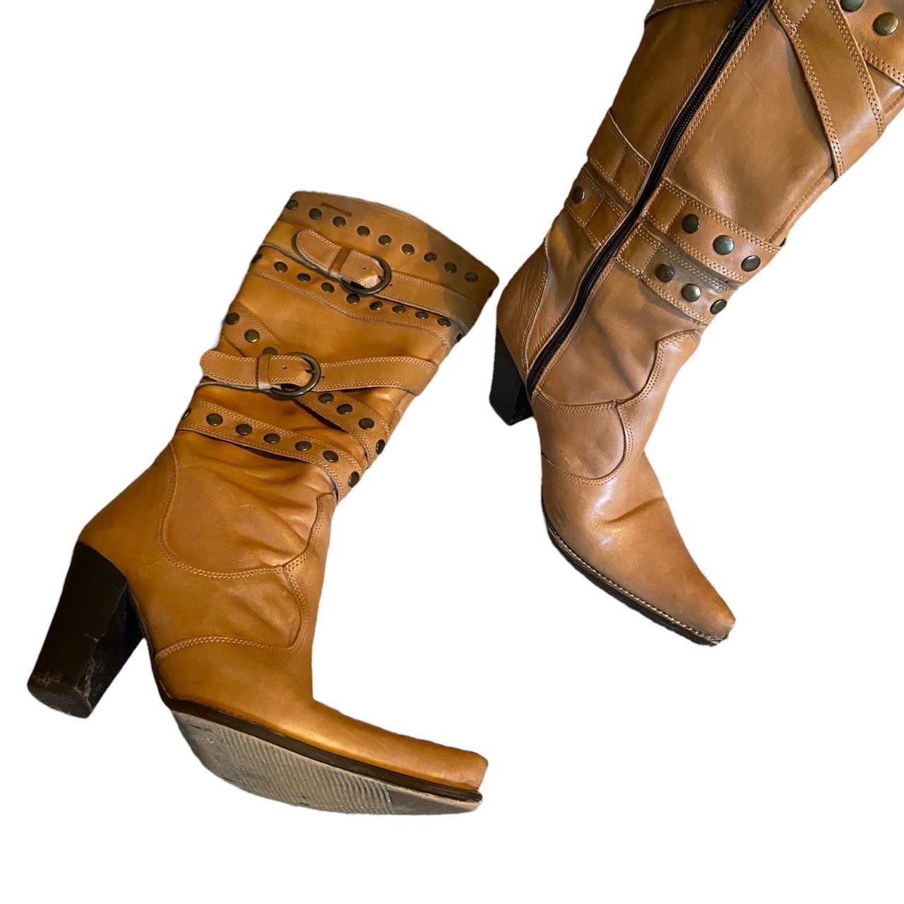 Tan leather mid length Joe Sanchez pointed heeled cowboy boots size 5