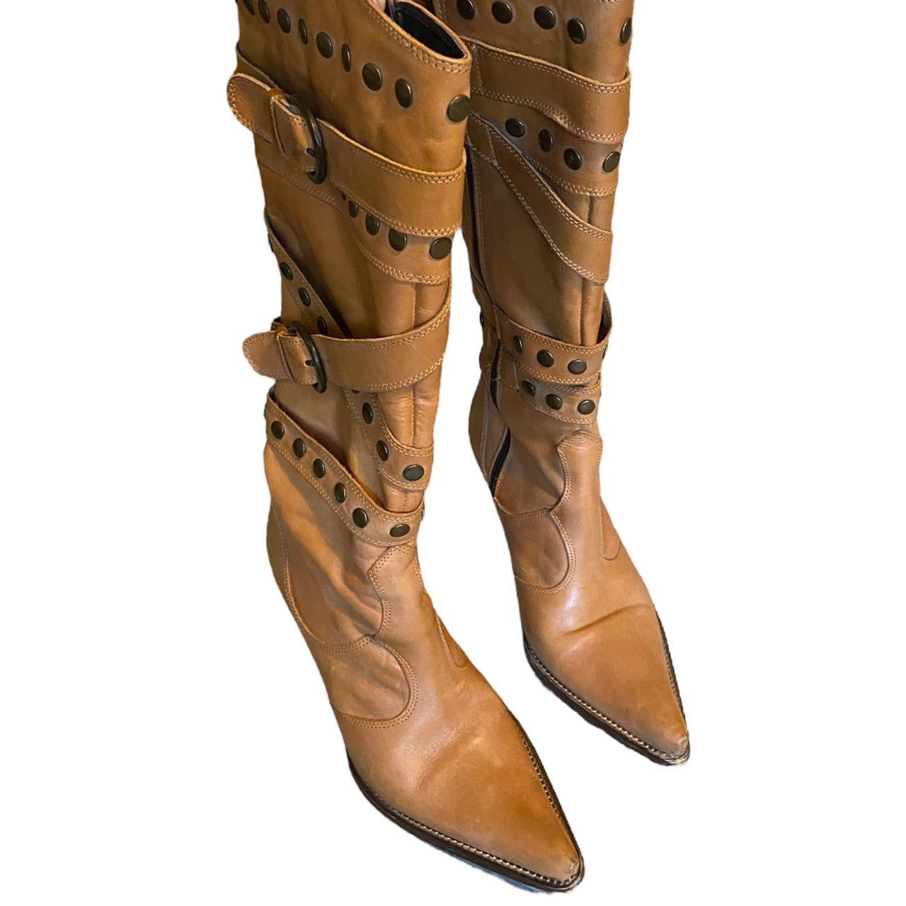 Tan leather mid length Joe Sanchez pointed heeled cowboy boots size 5