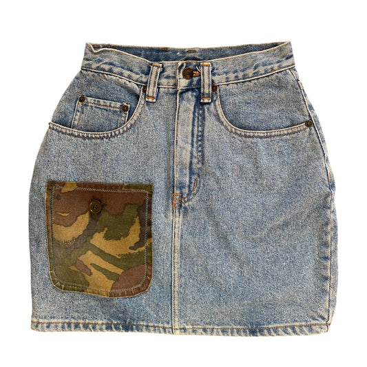 Vintage denim mini skirt with camo patch. Size 6