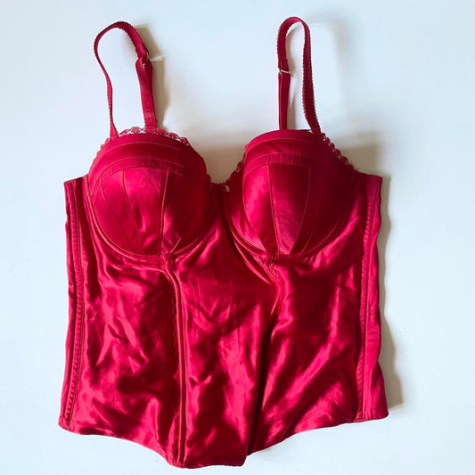 Red satin Y2K corset strappy top ~ bust 34D. Size 8.