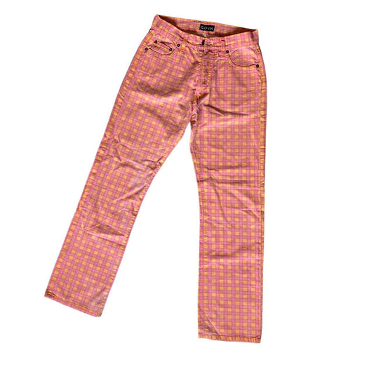 Vintage ‘COIN’ summery check print jeans in orange and pink. 

Size 8-10.