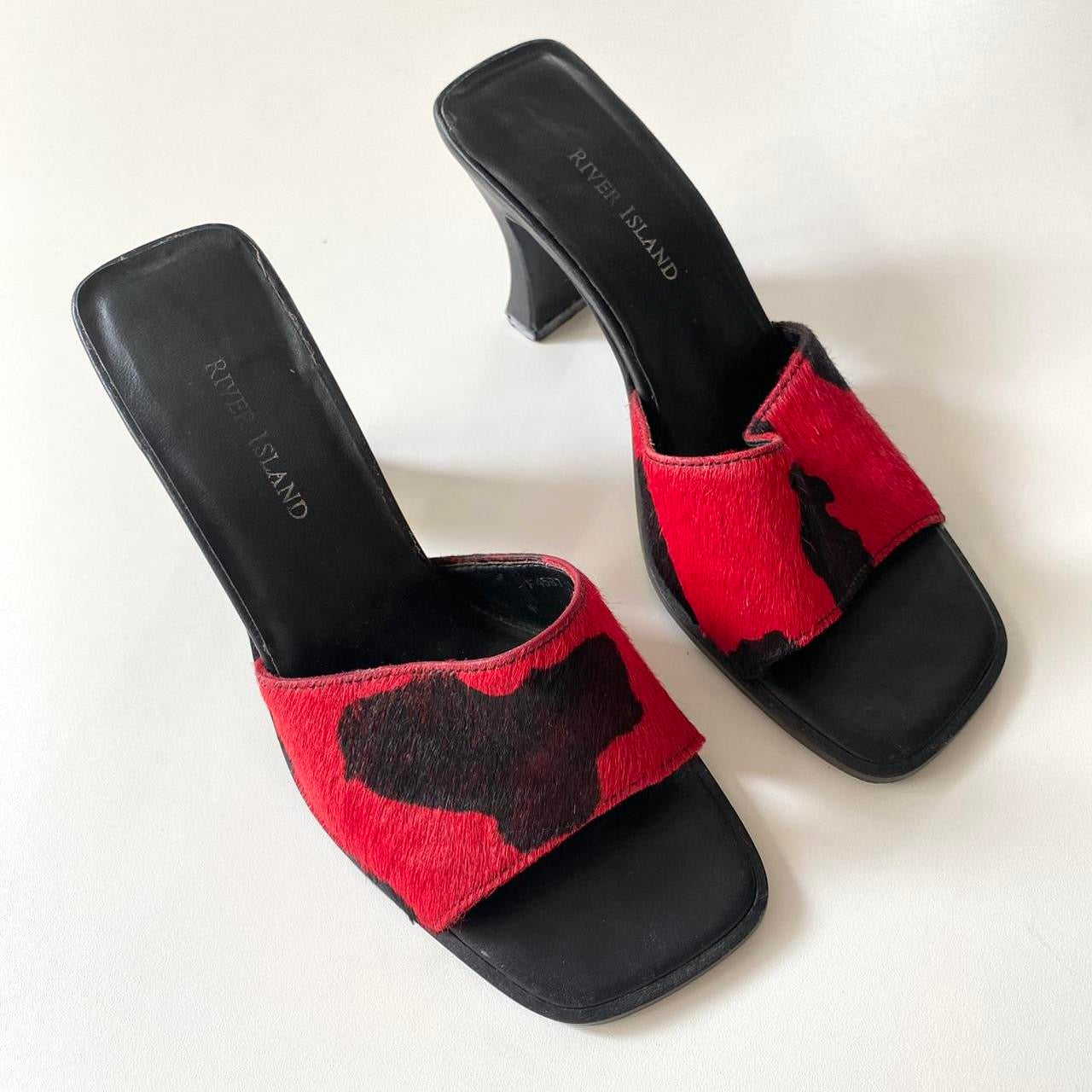 Vintage river island pony hair red & black animal print heels  
Size 37