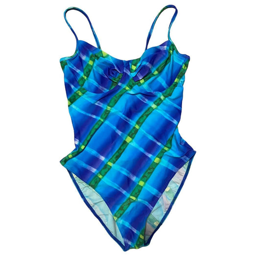 Vintage 1990s low back underwired swimsuit in blue & green

Looks like a C-D cup.

Old school Debenhams fits a size 12.