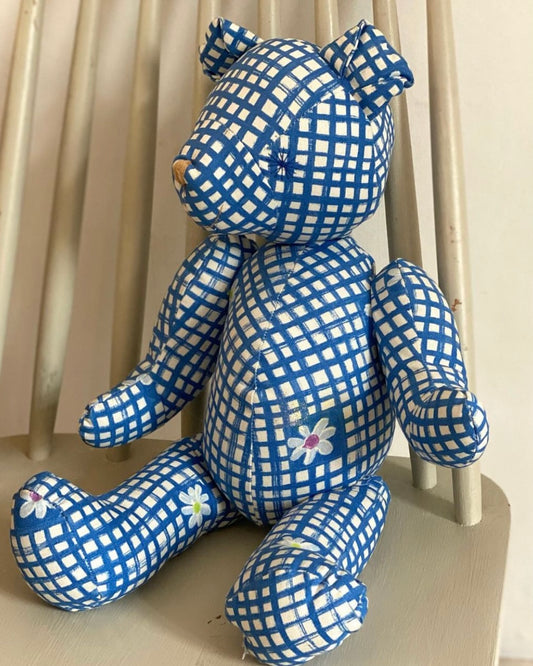 Vintage gingham blue and white medium size teddy.