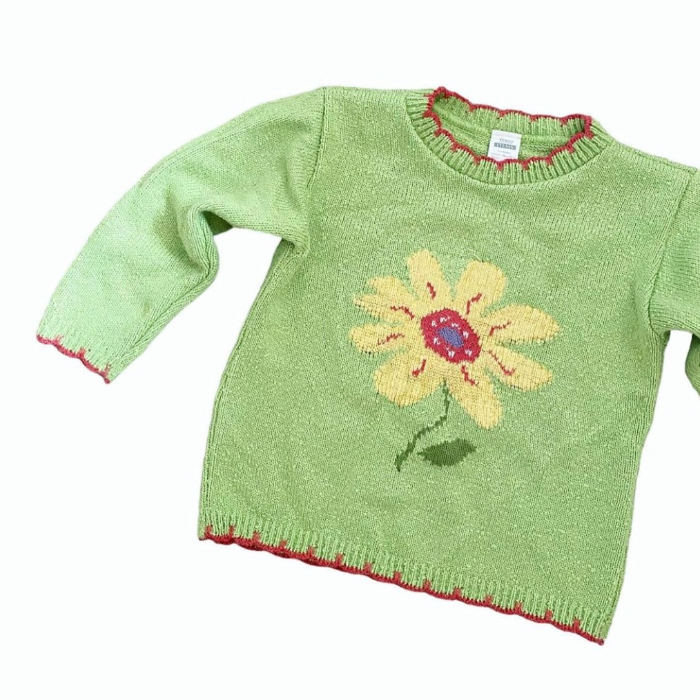 Green knit daisy print vintage Tesco jumper 2-3 years