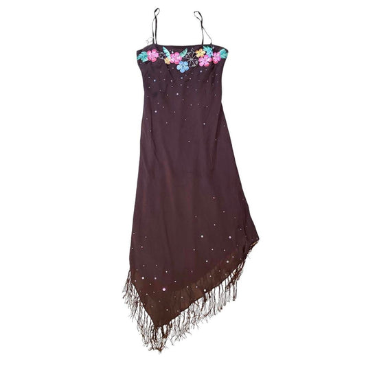 Vintage asymmetric brown  embellished beaded dress with tassels UK10-12