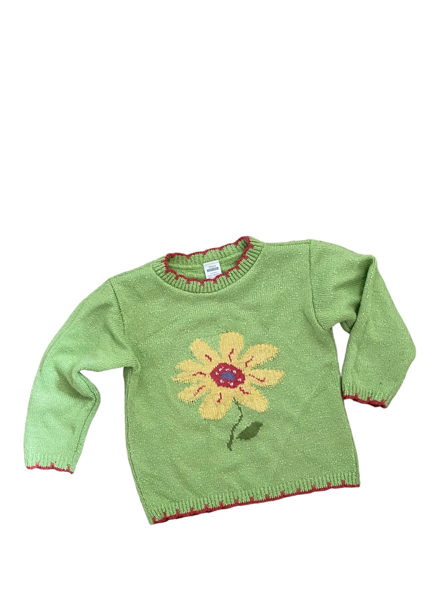 Green knit daisy print vintage Tesco jumper 2-3 years