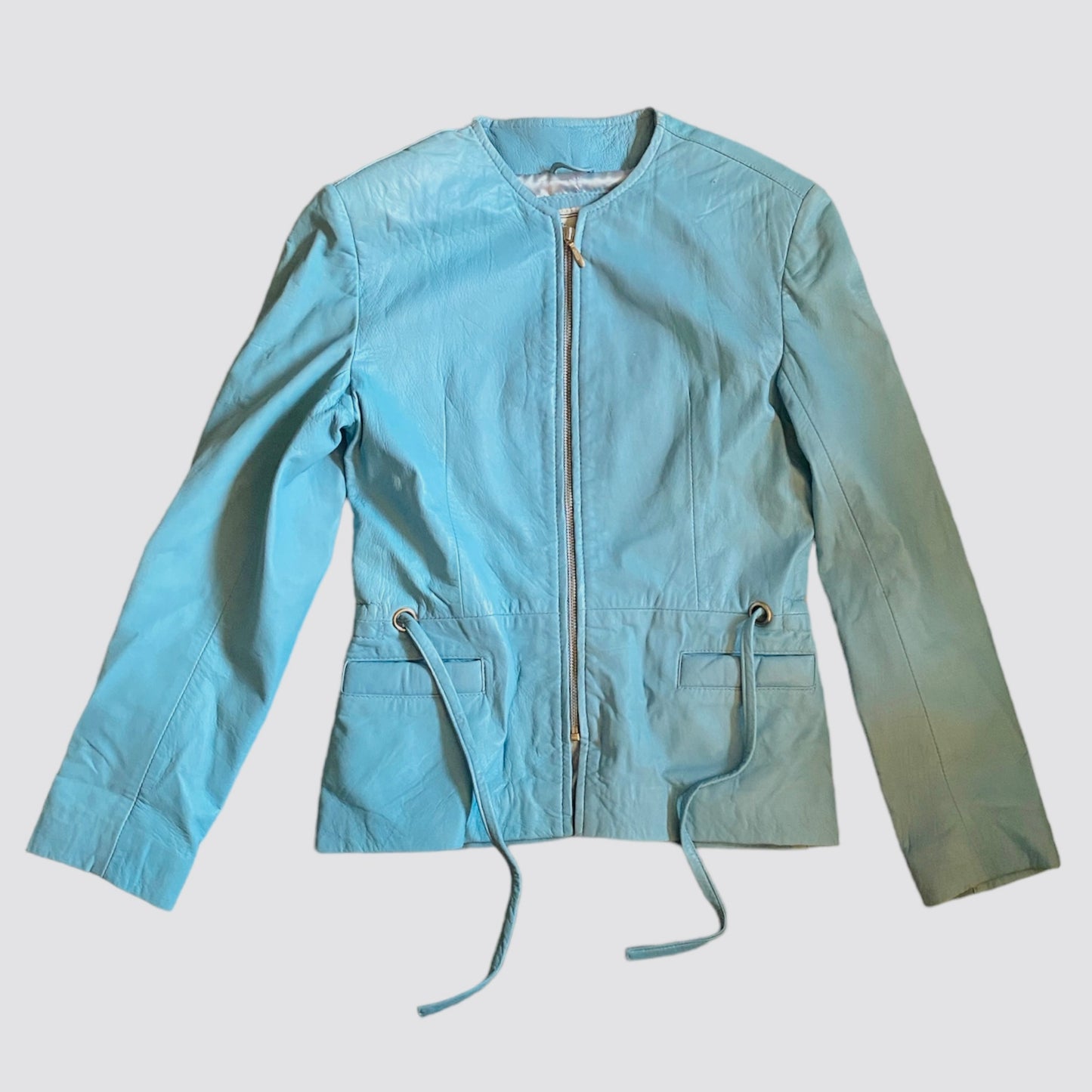 Babyblue vintage 90s biker jacket with tie waist size 10